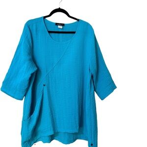 Yushi 1X Crinkly Cotton Tunic Pullover 3/4 Sleeves Lagenlook Artsy Relaxed USA